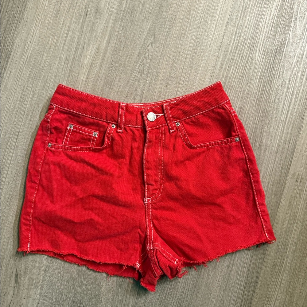 Topshop Red High-Rise Denim Shorts